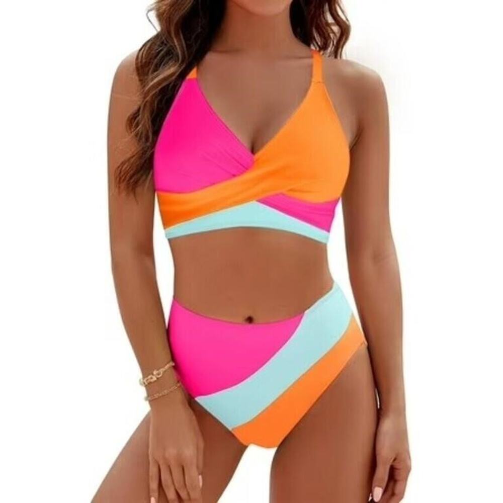 Rosvigor Neon Pink/Blue/Orange Colorblock 2Piece Bikini Women's Size Medium